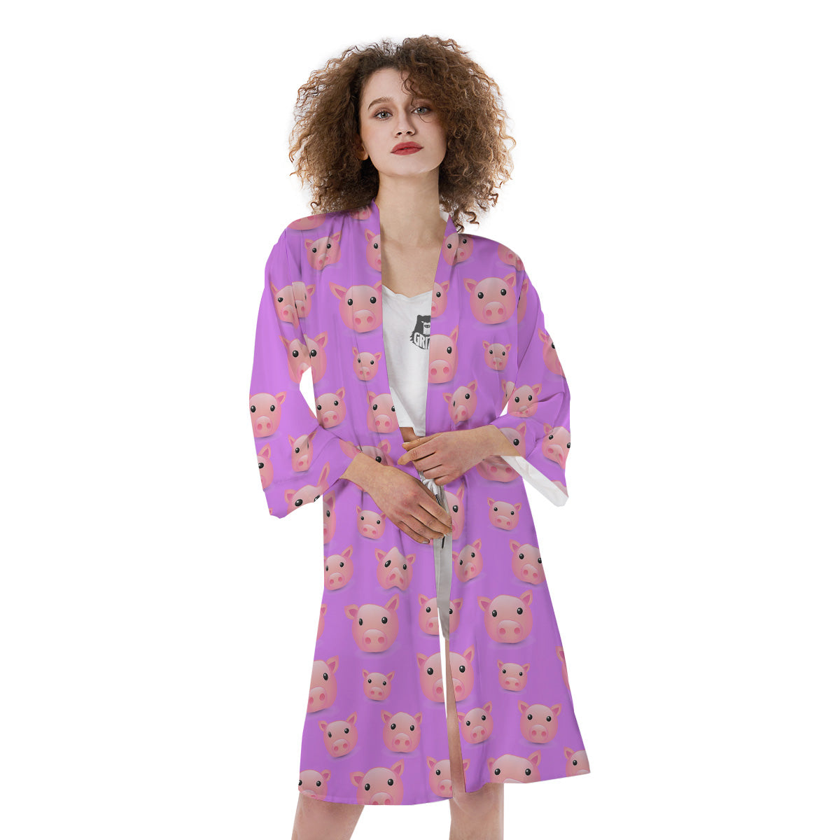 Cute Pink Pig Face Emoji Print Pattern Kimono-grizzshop