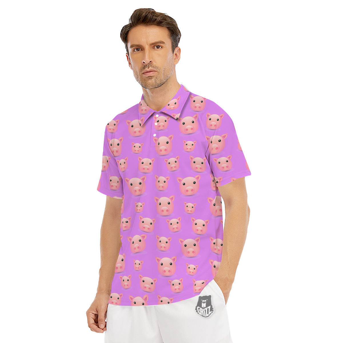 Cute Pink Pig Face Emoji Print Pattern Men's Golf Shirts-grizzshop