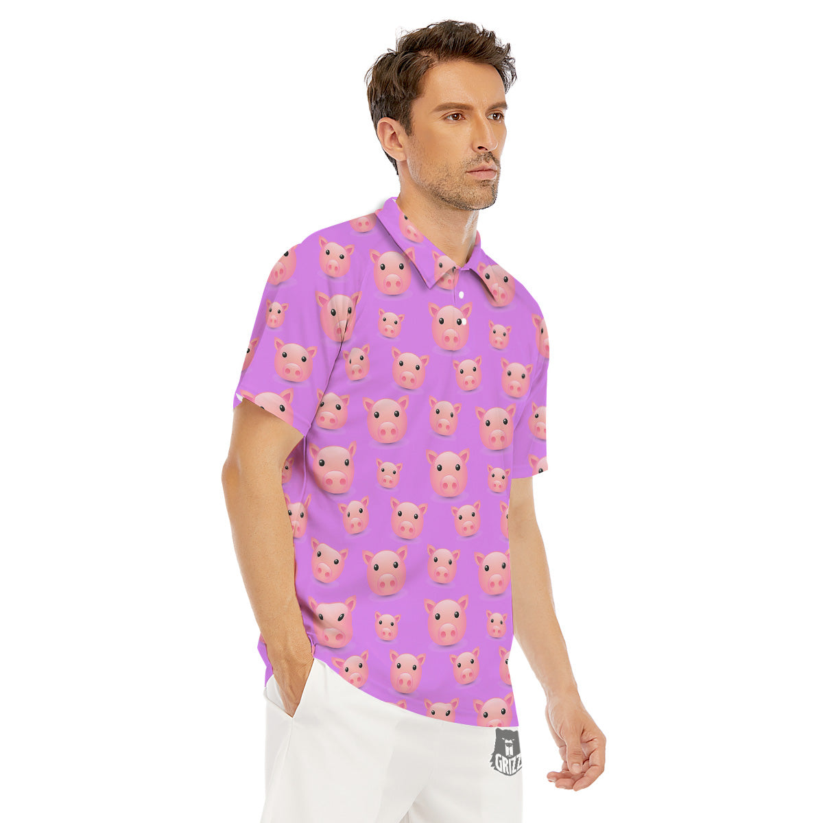 Cute Pink Pig Face Emoji Print Pattern Men's Golf Shirts-grizzshop