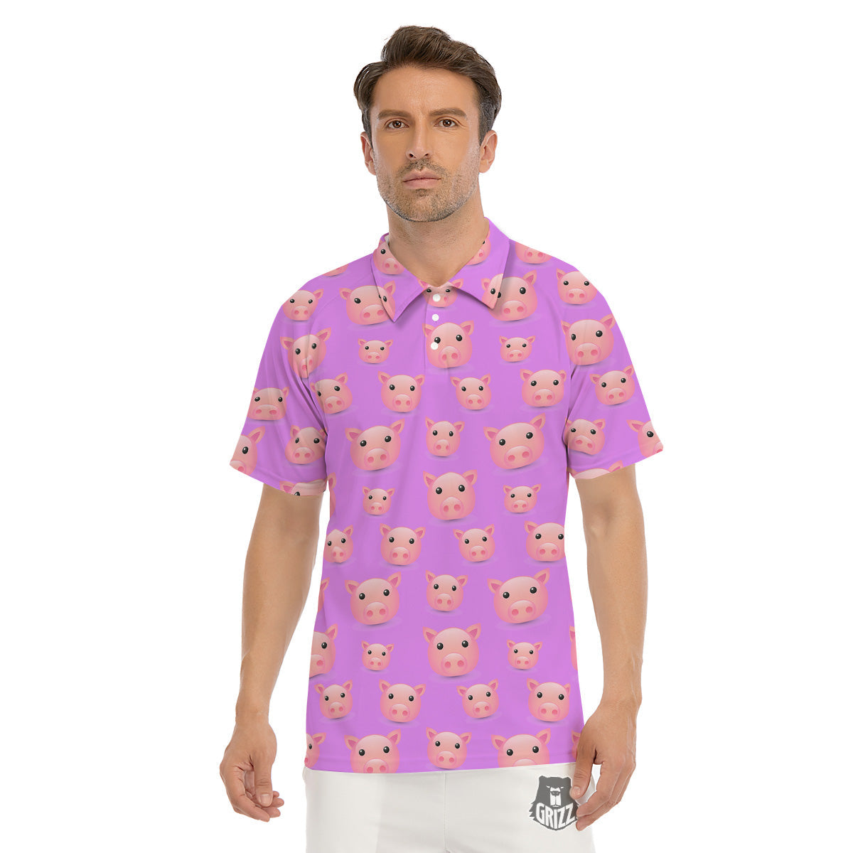 Cute Pink Pig Face Emoji Print Pattern Men's Golf Shirts-grizzshop