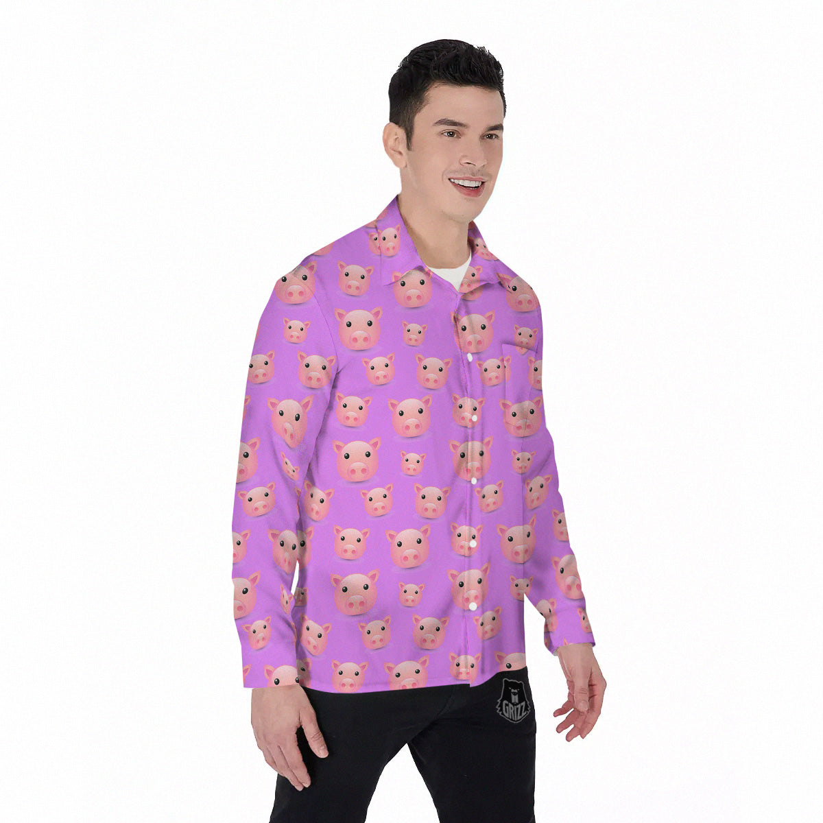 Cute Pink Pig Face Emoji Print Pattern Men's Long Sleeve Shirts-grizzshop