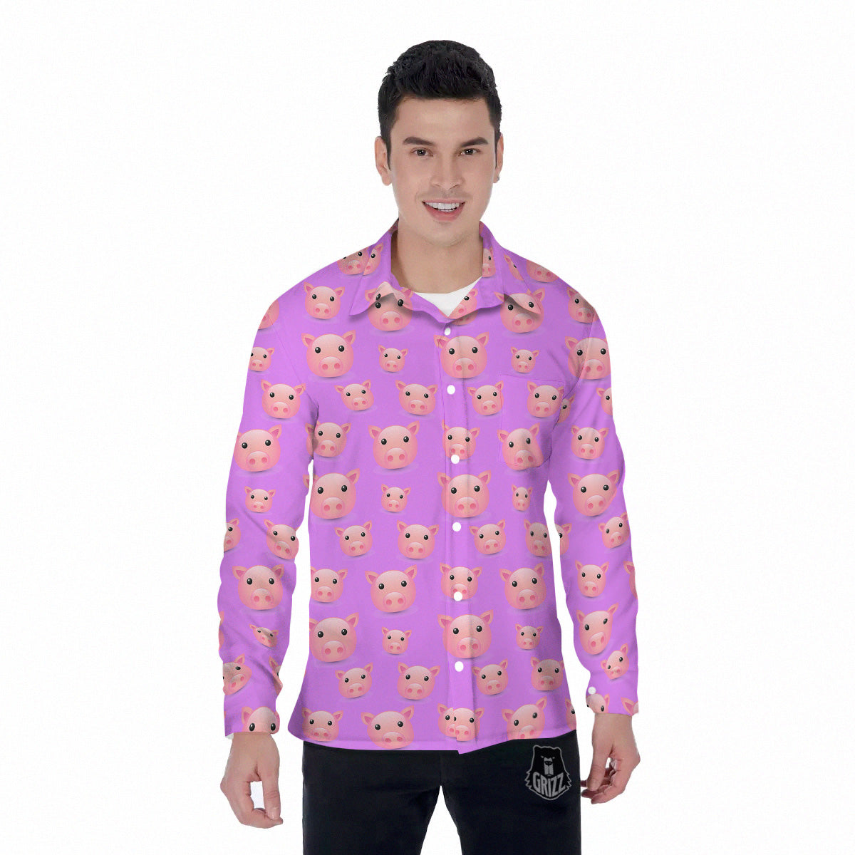 Cute Pink Pig Face Emoji Print Pattern Men's Long Sleeve Shirts-grizzshop