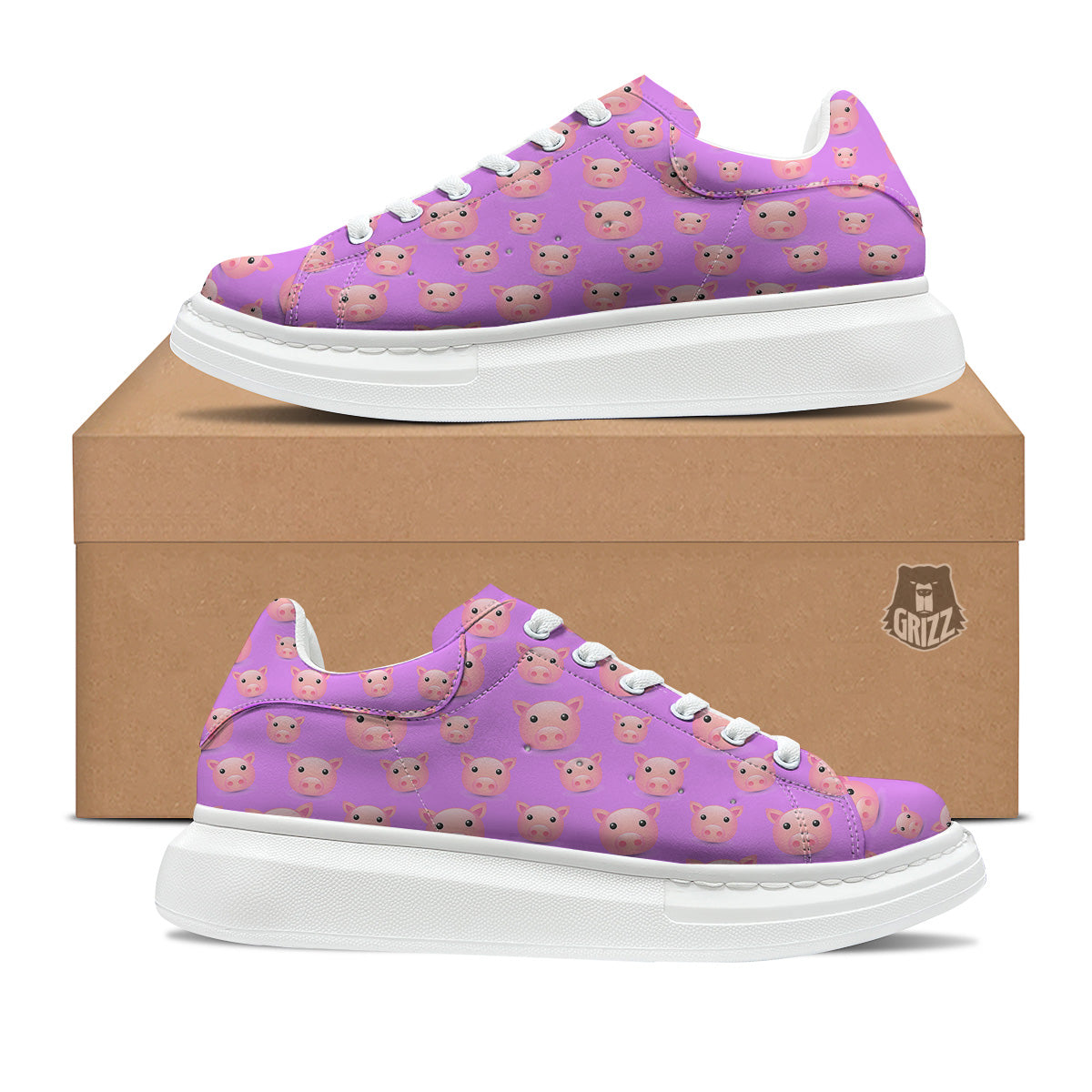 Cute Pink Pig Face Emoji Print Pattern Platform Shoes-grizzshop