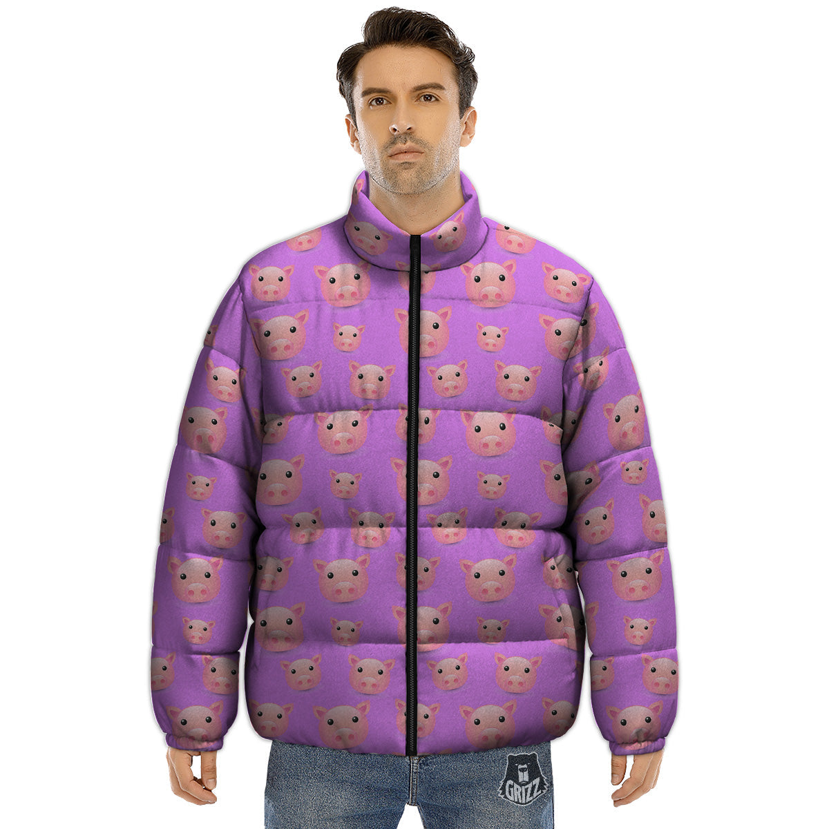 Cute Pink Pig Face Emoji Print Pattern Puffer Jacket-grizzshop
