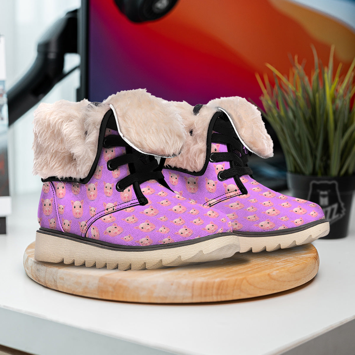 Cute Pink Pig Face Emoji Print Pattern Snow Boots-grizzshop