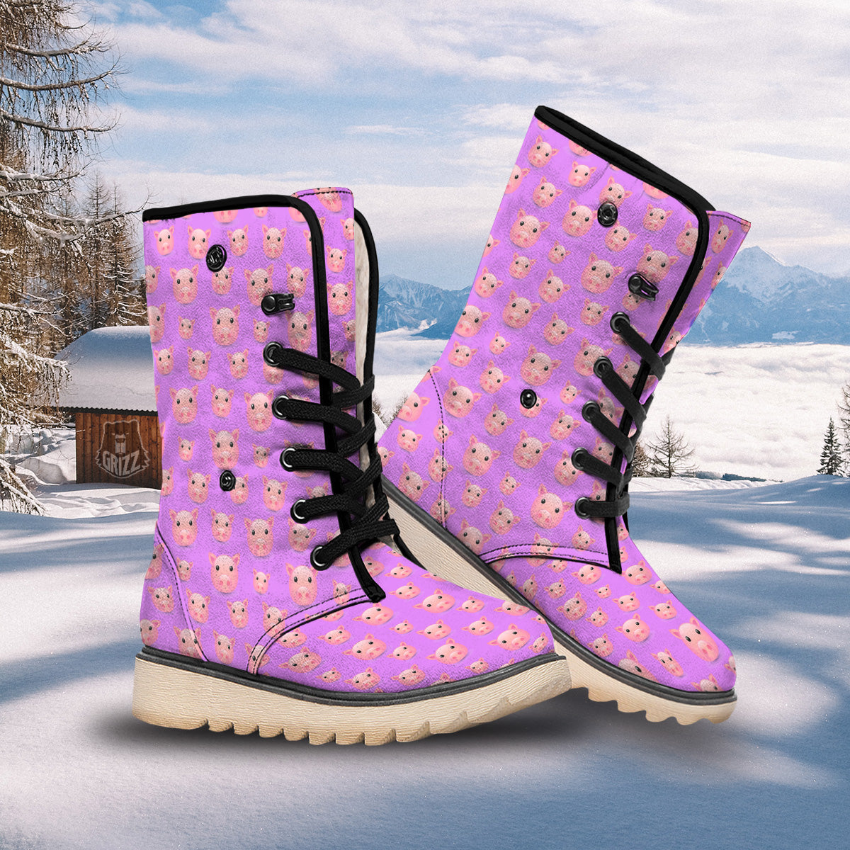 Cute Pink Pig Face Emoji Print Pattern Snow Boots-grizzshop