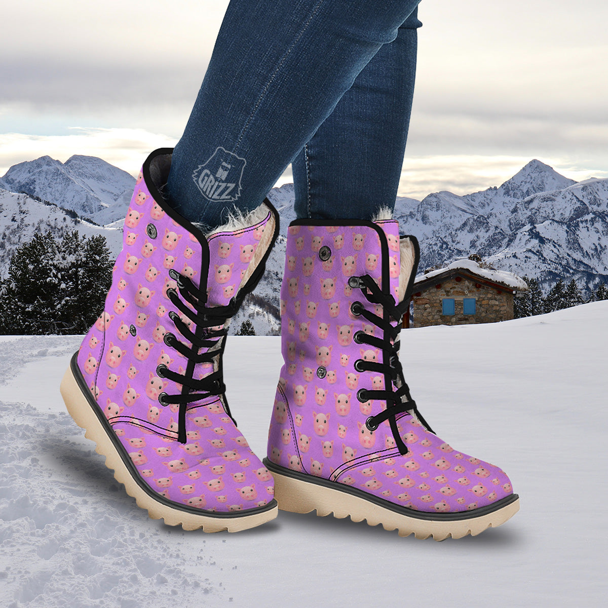 Cute Pink Pig Face Emoji Print Pattern Snow Boots-grizzshop
