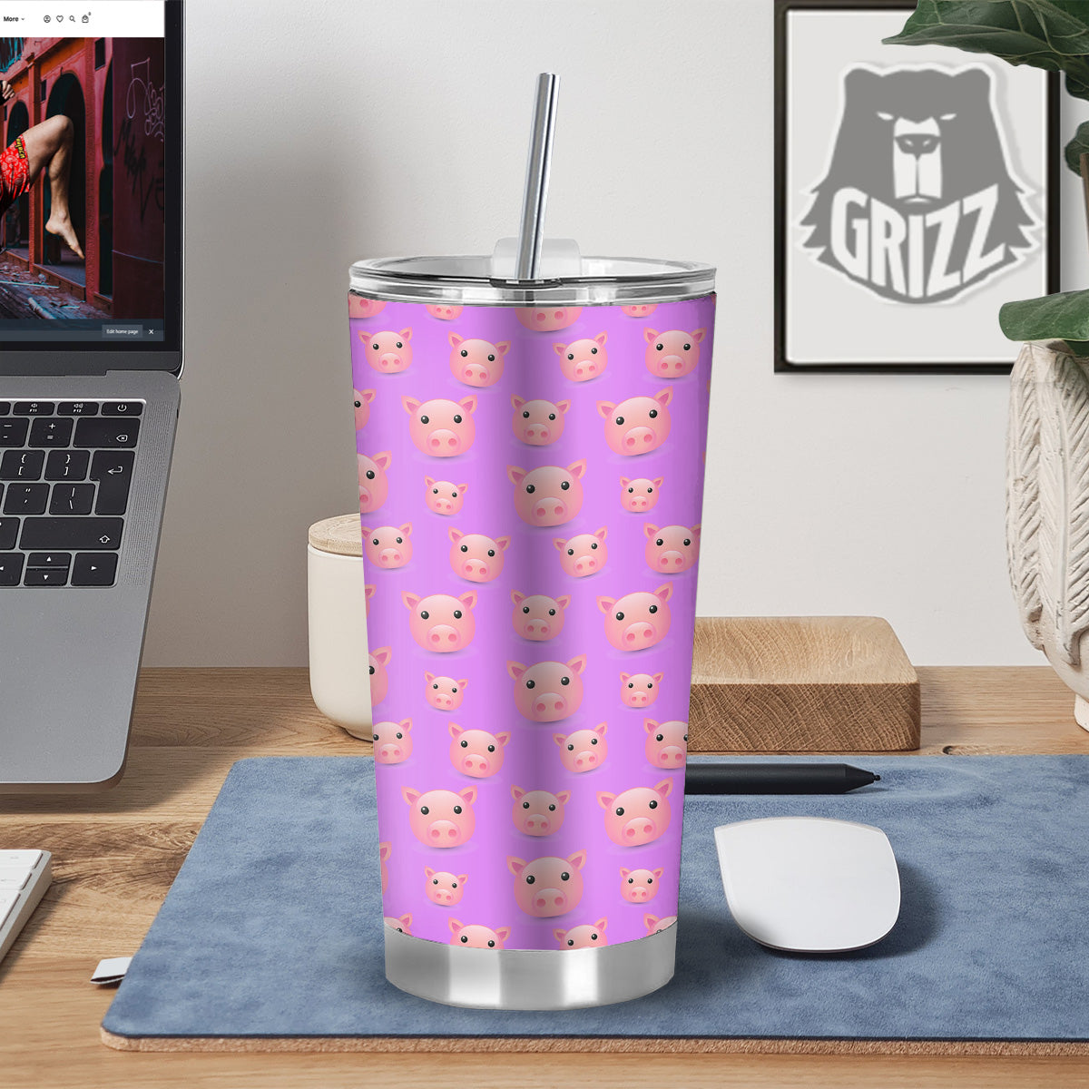 Cute Pink Pig Face Emoji Print Pattern Tumbler-grizzshop