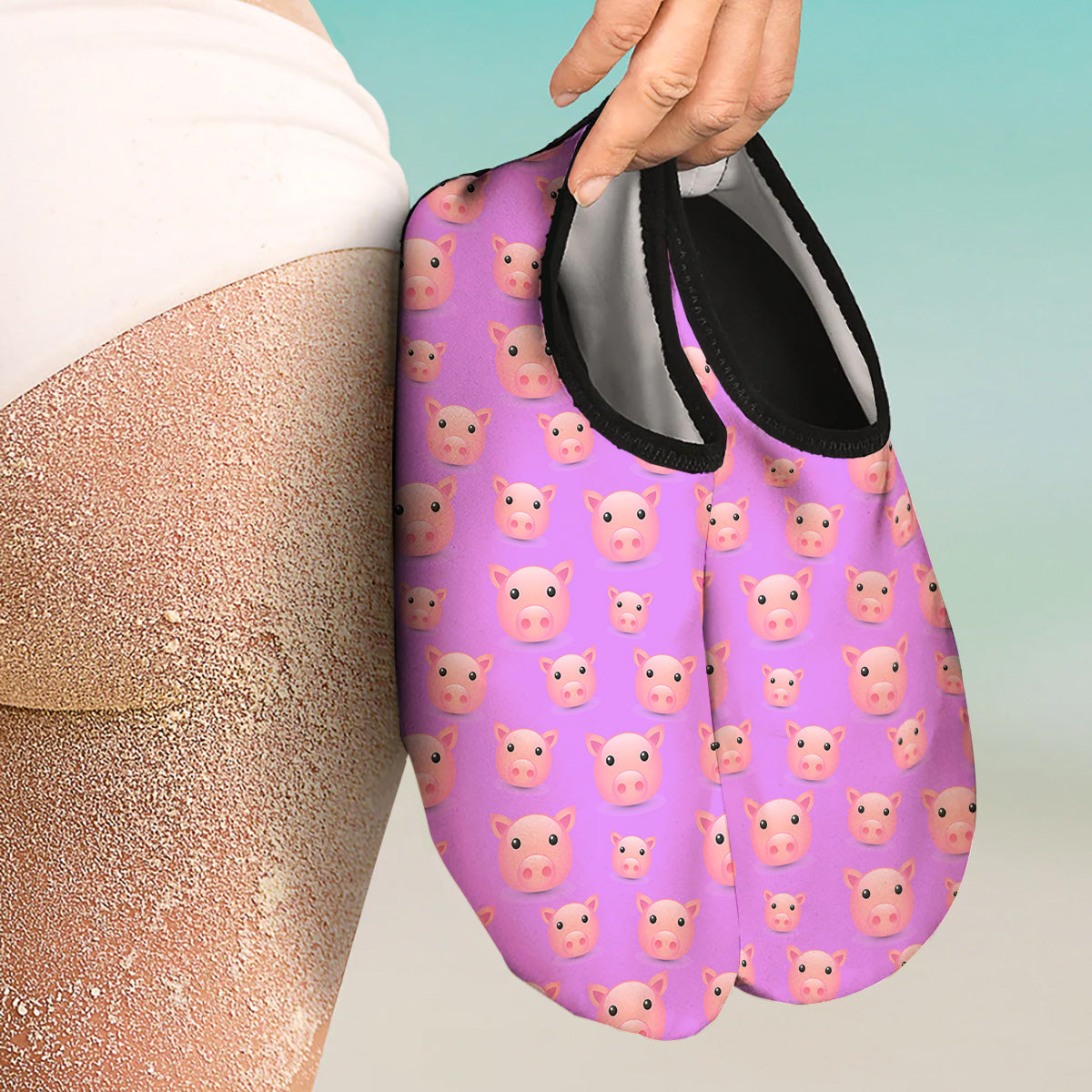 Cute Pink Pig Face Emoji Print Pattern Water Shoes-grizzshop