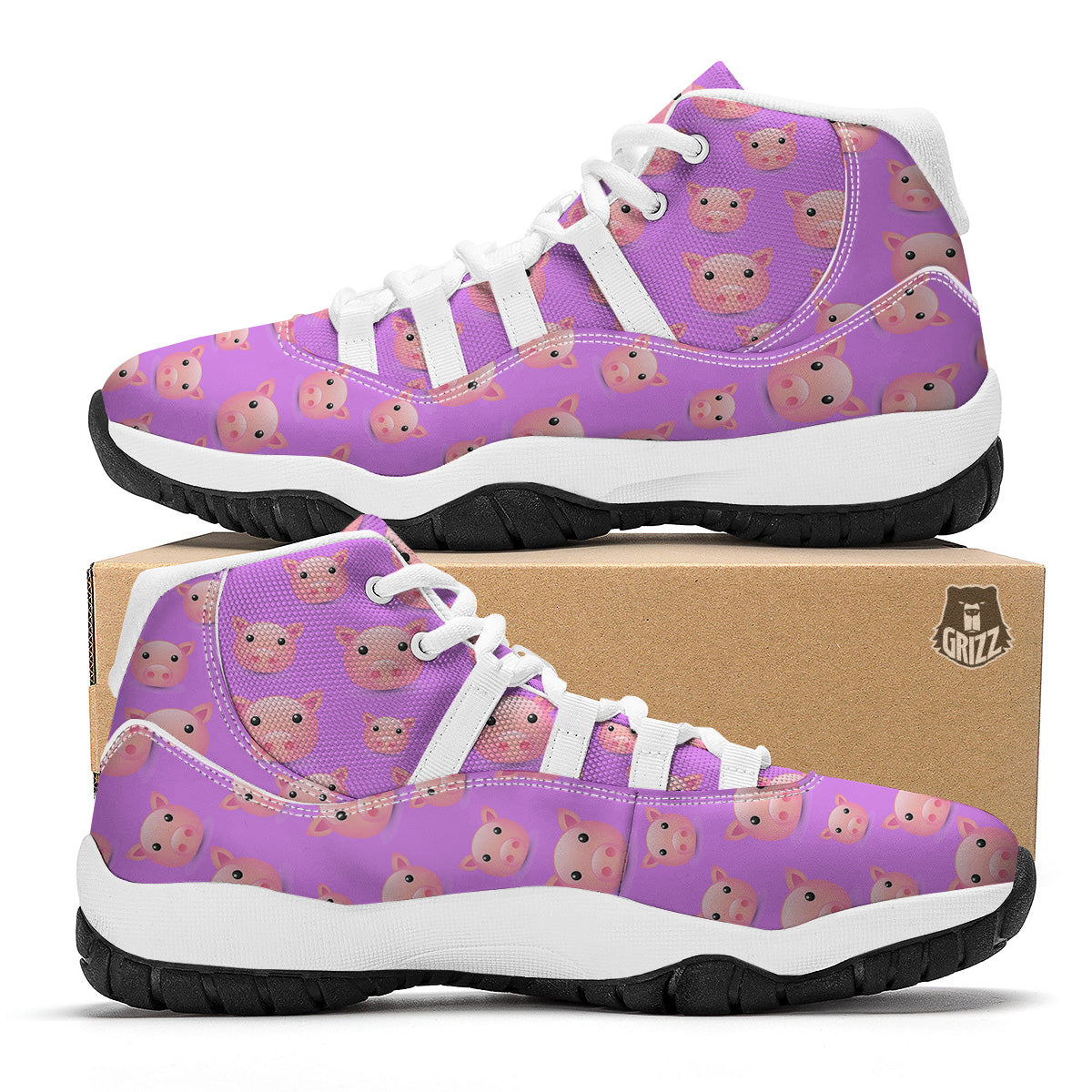 Cute Pink Pig Face Emoji Print Pattern White Bball Shoes-grizzshop