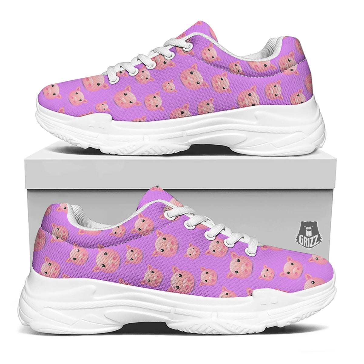 Cute Pink Pig Face Emoji Print Pattern White Chunky Shoes-grizzshop