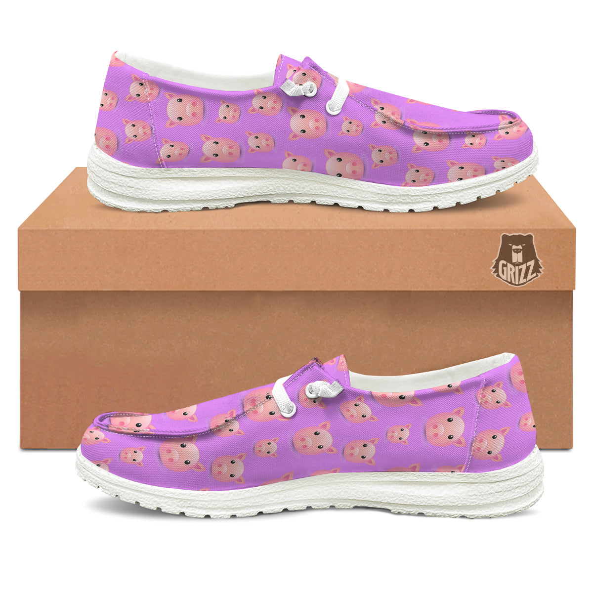 Cute Pink Pig Face Emoji Print Pattern White Loafers-grizzshop
