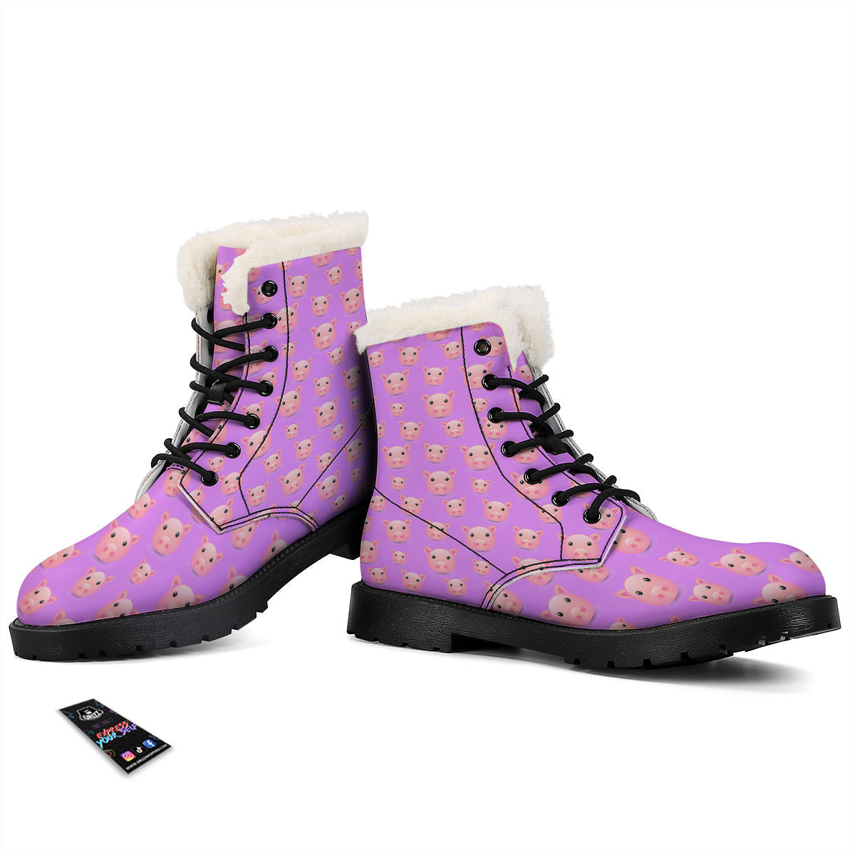 Cute Pink Pig Face Emoji Print Pattern Winter Boots-grizzshop