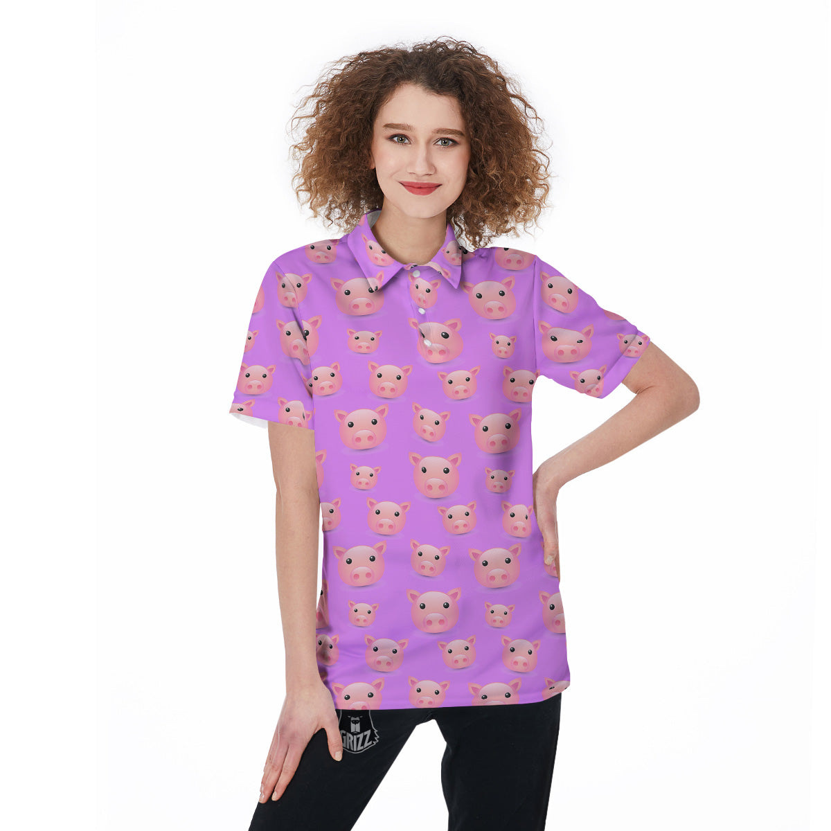 Cute Pink Pig Face Emoji Print Pattern Women's Golf Shirts-grizzshop