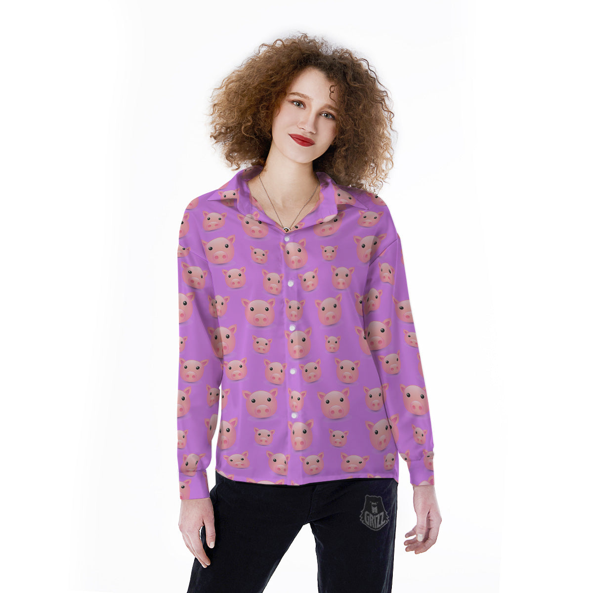 Cute Pink Pig Face Emoji Print Pattern Women's Long Sleeve Shirts-grizzshop