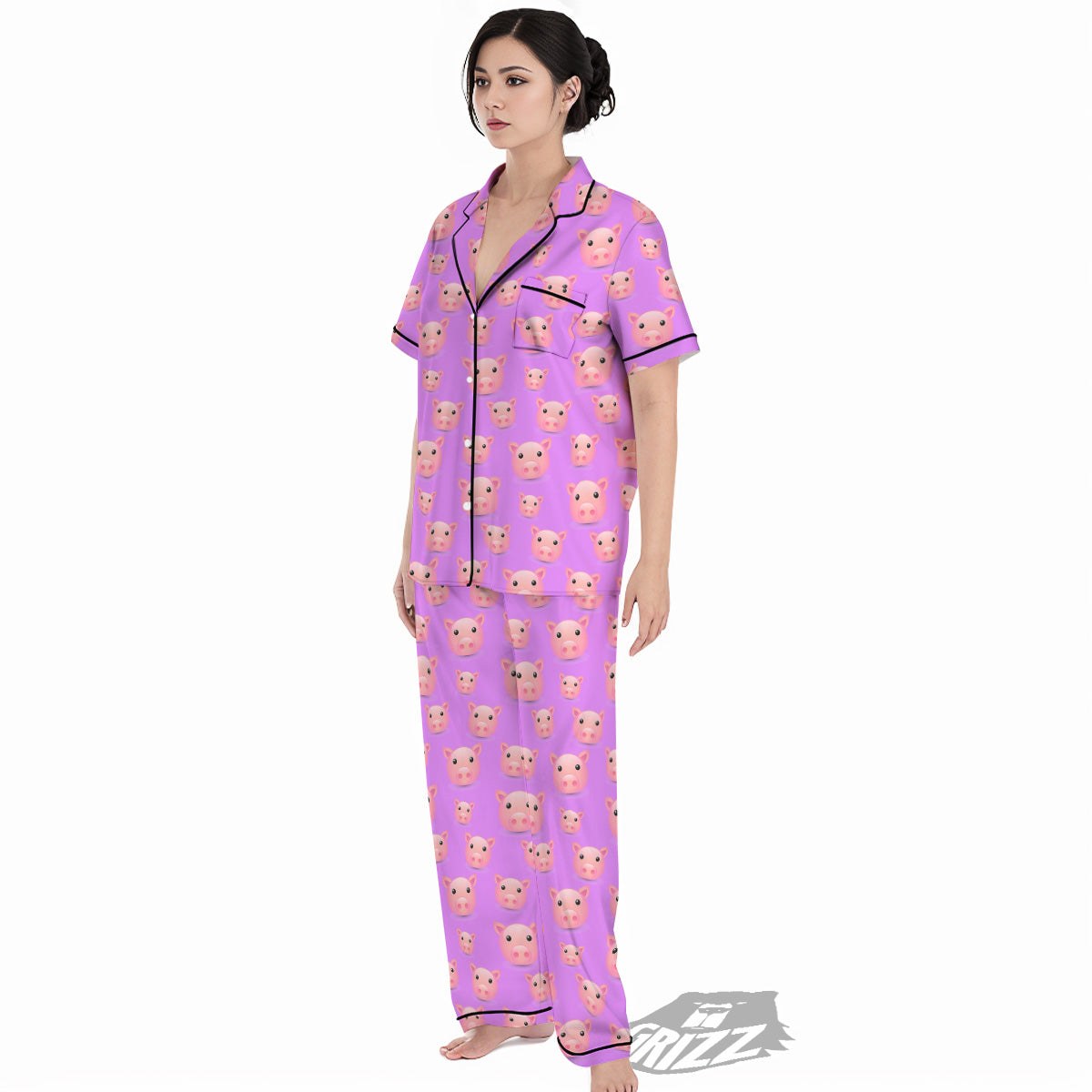 Cute Pink Pig Face Emoji Print Pattern Women's Pajamas Set-grizzshop