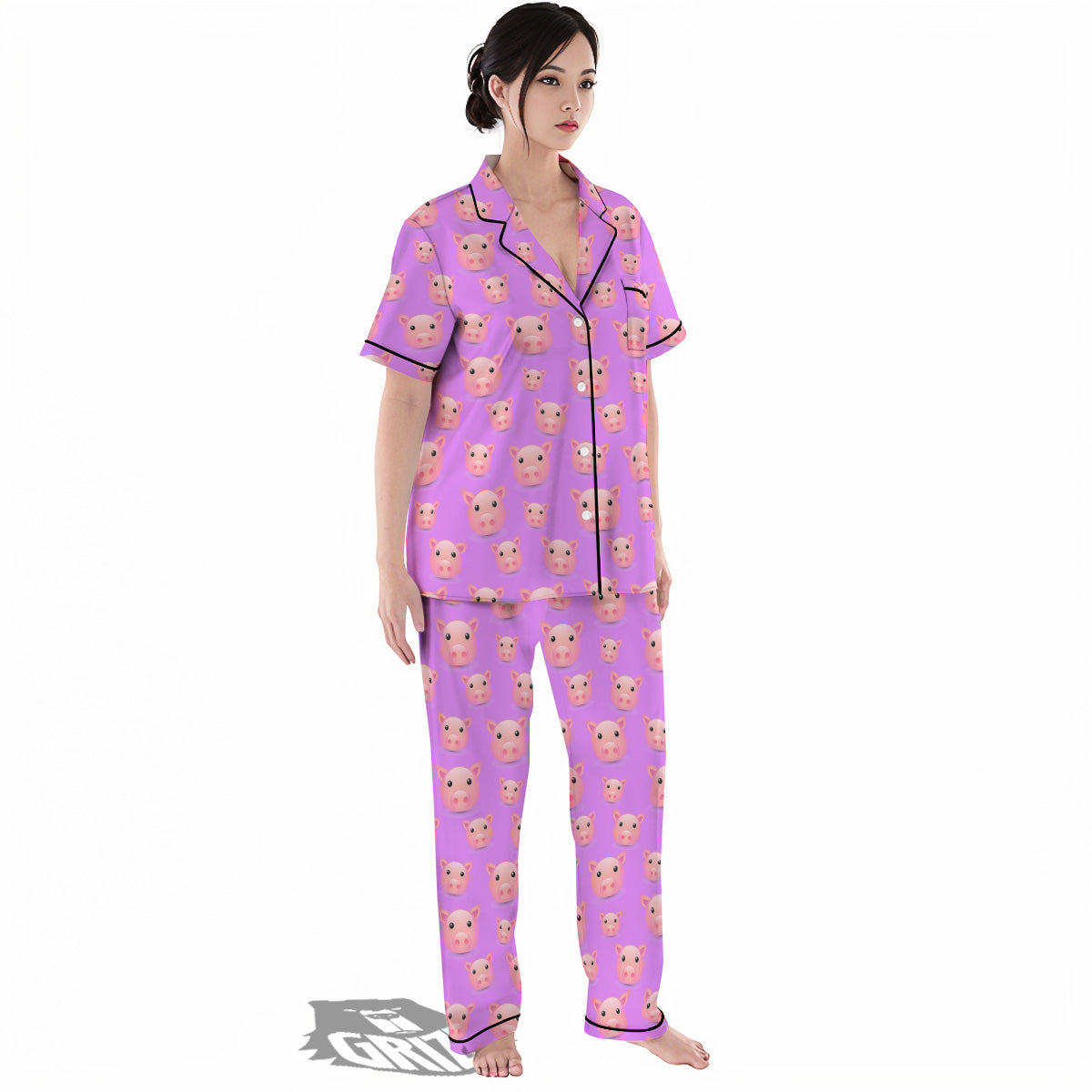 Cute Pink Pig Face Emoji Print Pattern Women's Pajamas Set-grizzshop