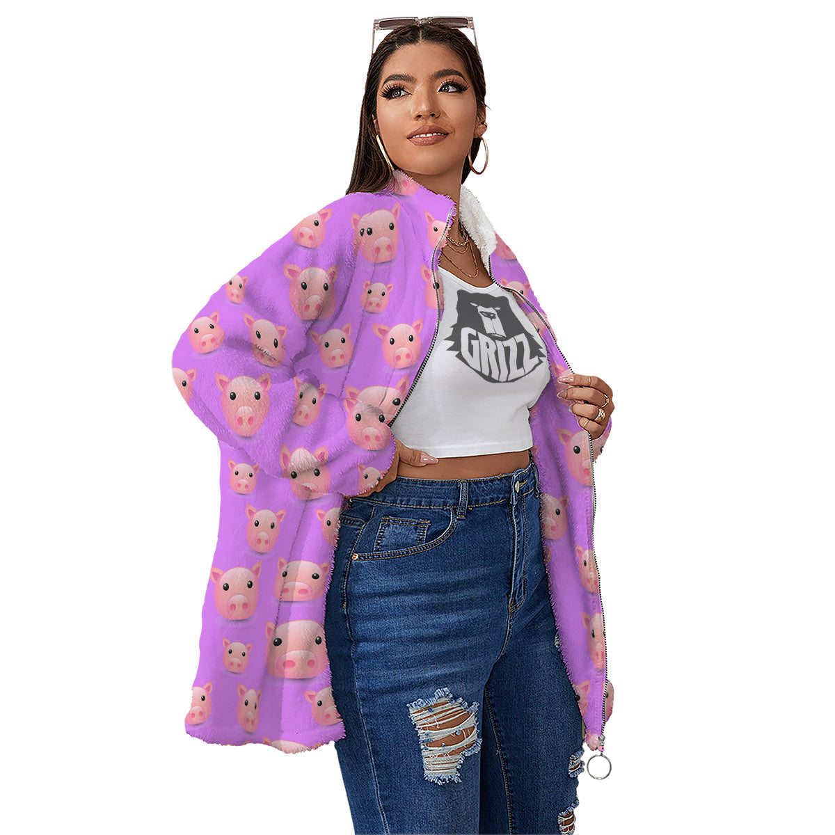 Cute Pink Pig Face Emoji Print Pattern Women's Sherpa Jacket-grizzshop