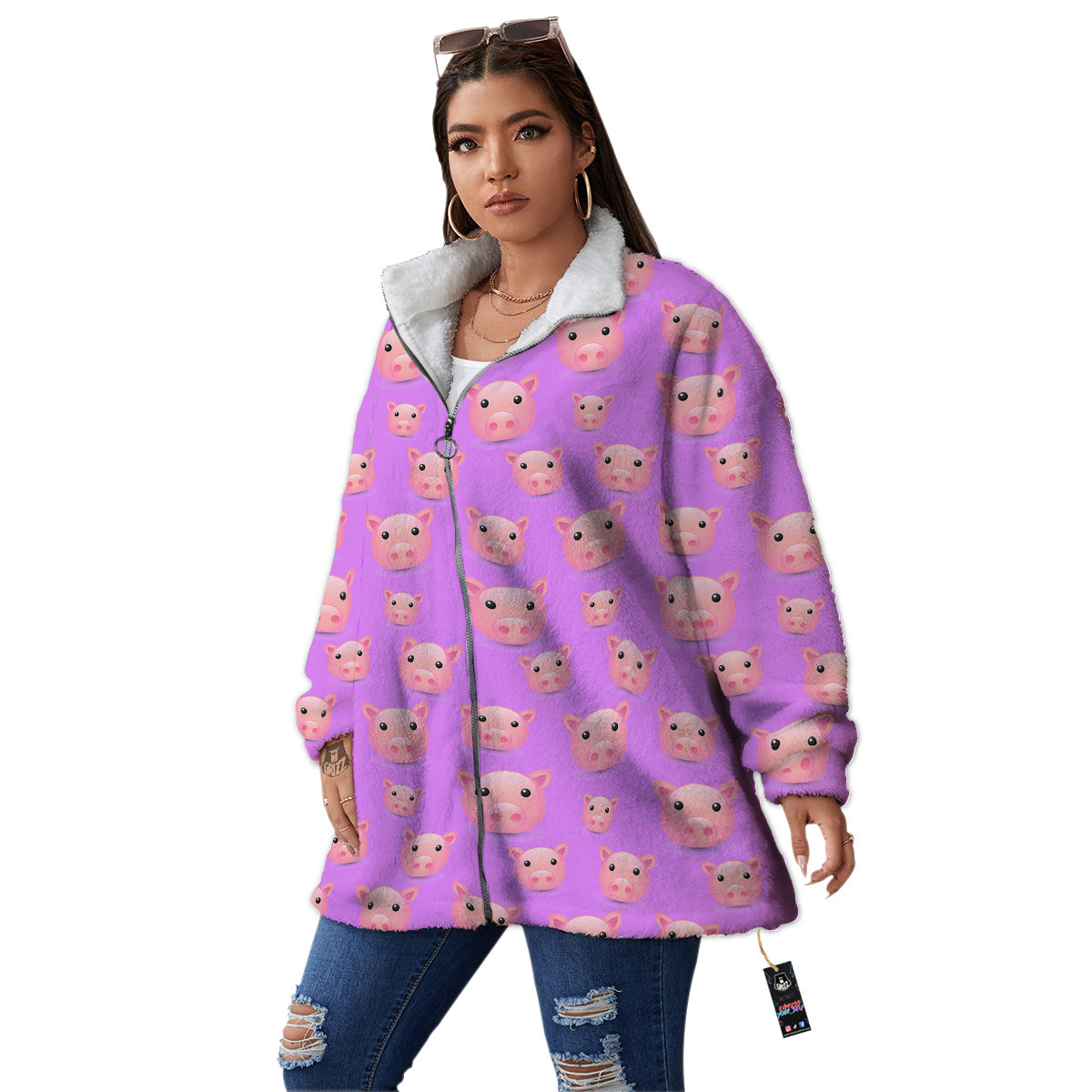 Cute Pink Pig Face Emoji Print Pattern Women's Sherpa Jacket-grizzshop
