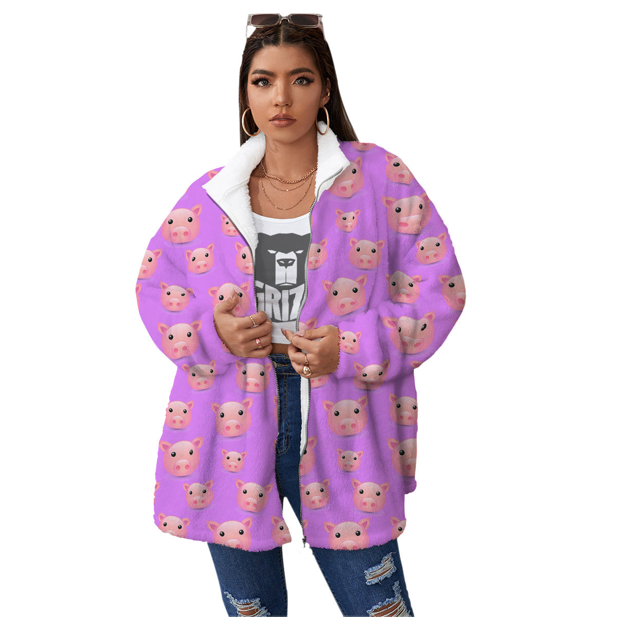 Cute Pink Pig Face Emoji Print Pattern Women's Sherpa Jacket-grizzshop