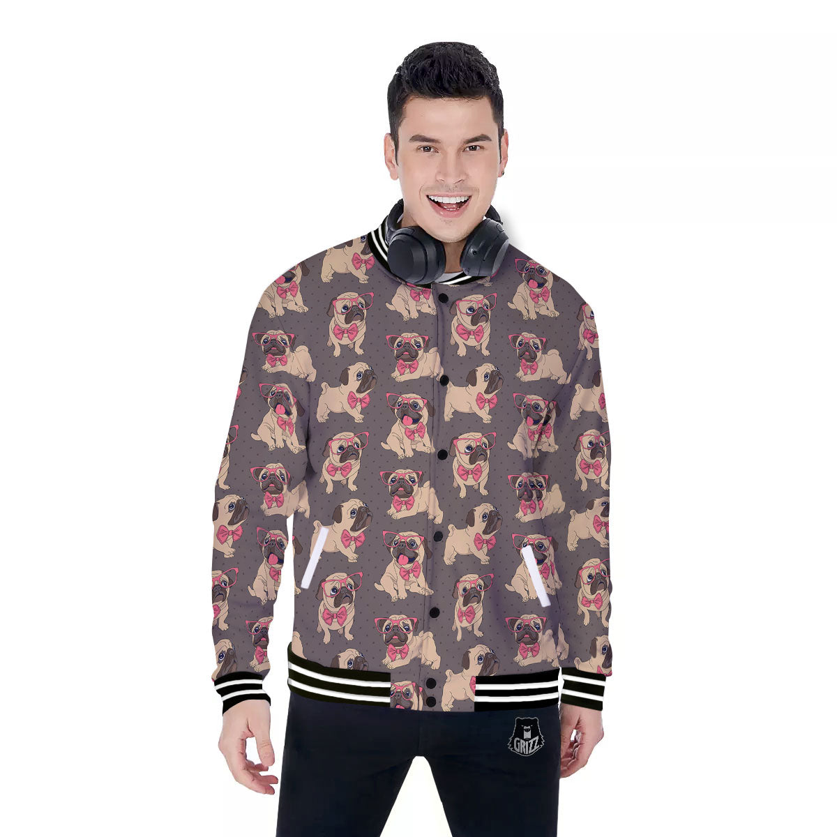 Cute Pug Print Pattern Baseball Jacket-grizzshop