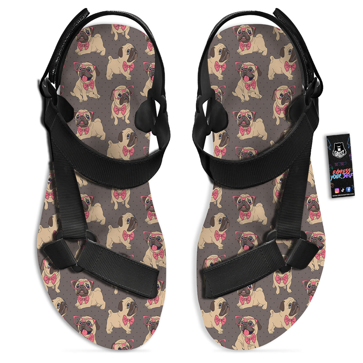 Cute Pug Print Pattern Black Open Toe Sandals-grizzshop