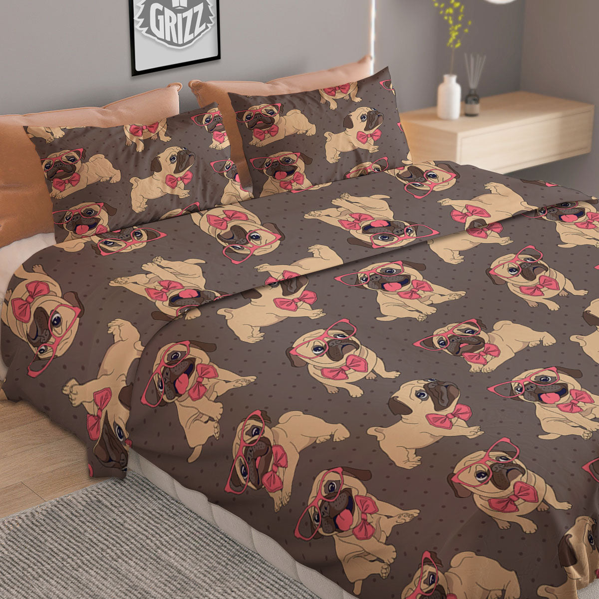 Cute Pug Print Pattern Duvet Cover Bedding Set