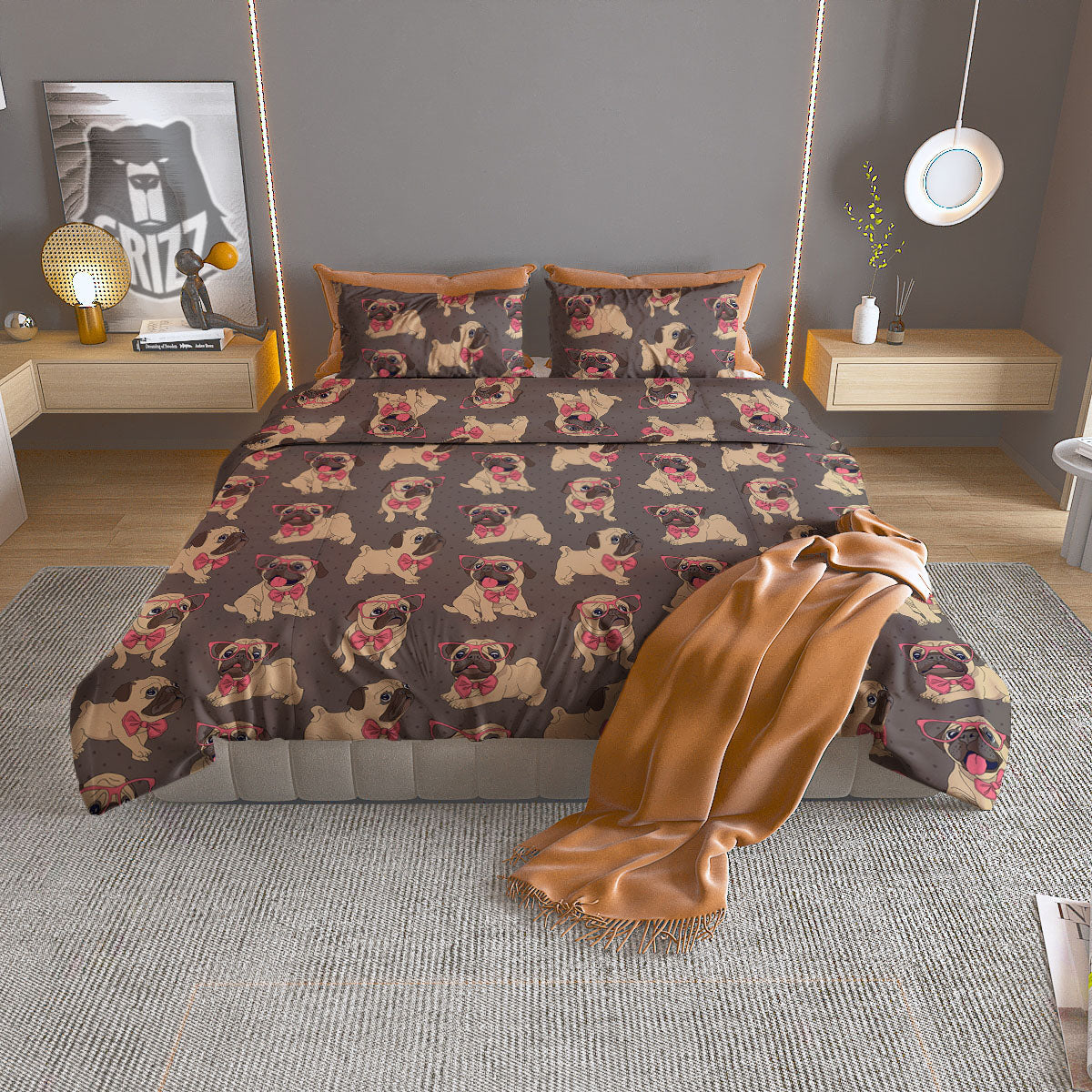 Cute Pug Print Pattern Duvet Cover Bedding Set