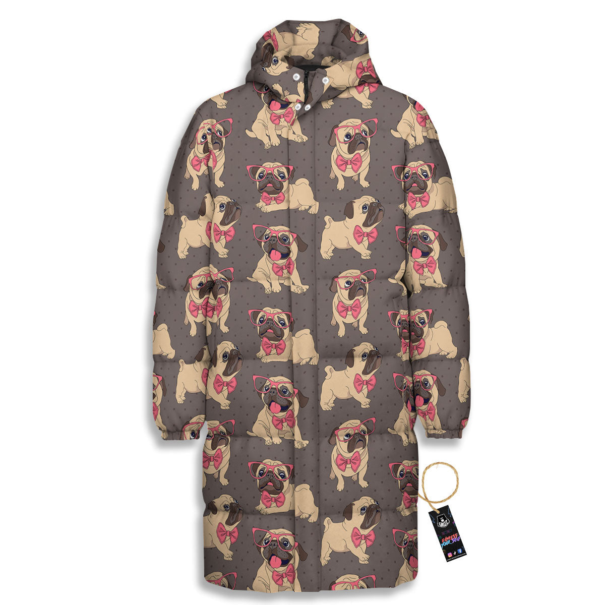 Cute Pug Print Pattern Long Down Jacket-grizzshop