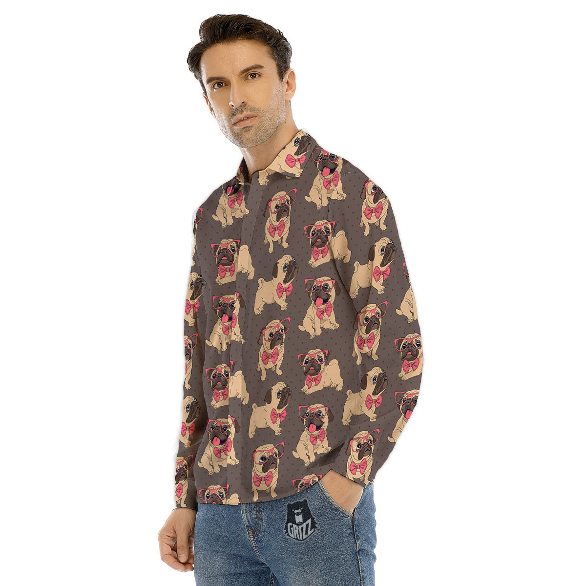 Cute Pug Print Pattern Men's Dress Shirts-grizzshop