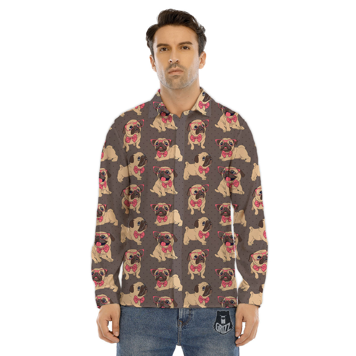 Cute Pug Print Pattern Men's Dress Shirts-grizzshop