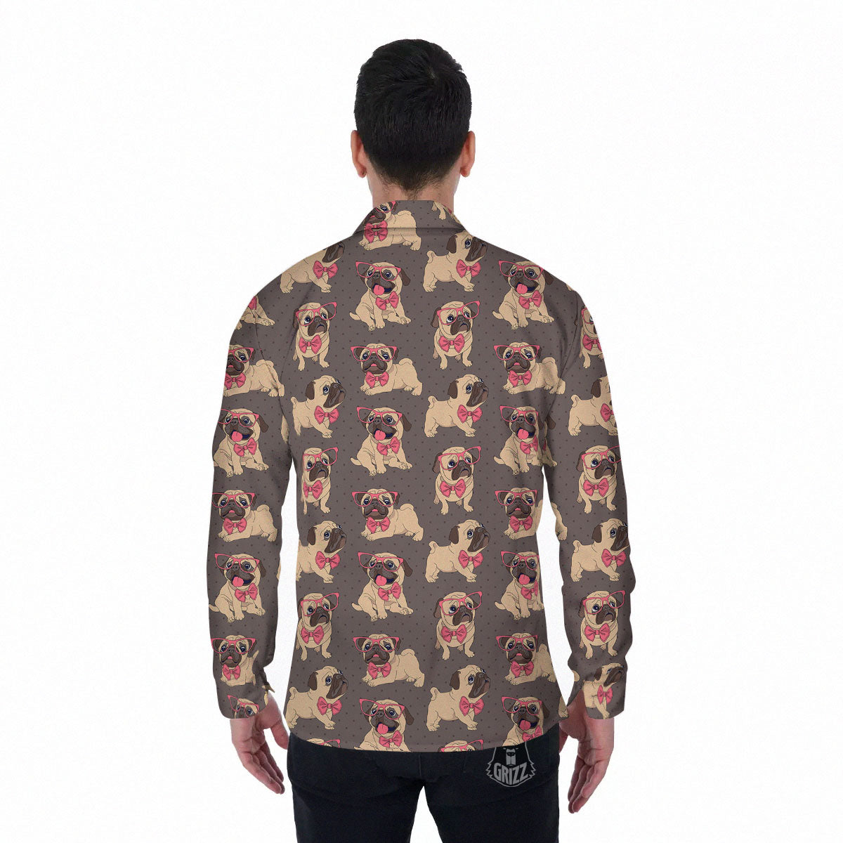 Cute Pug Print Pattern Men's Long Sleeve Shirts-grizzshop