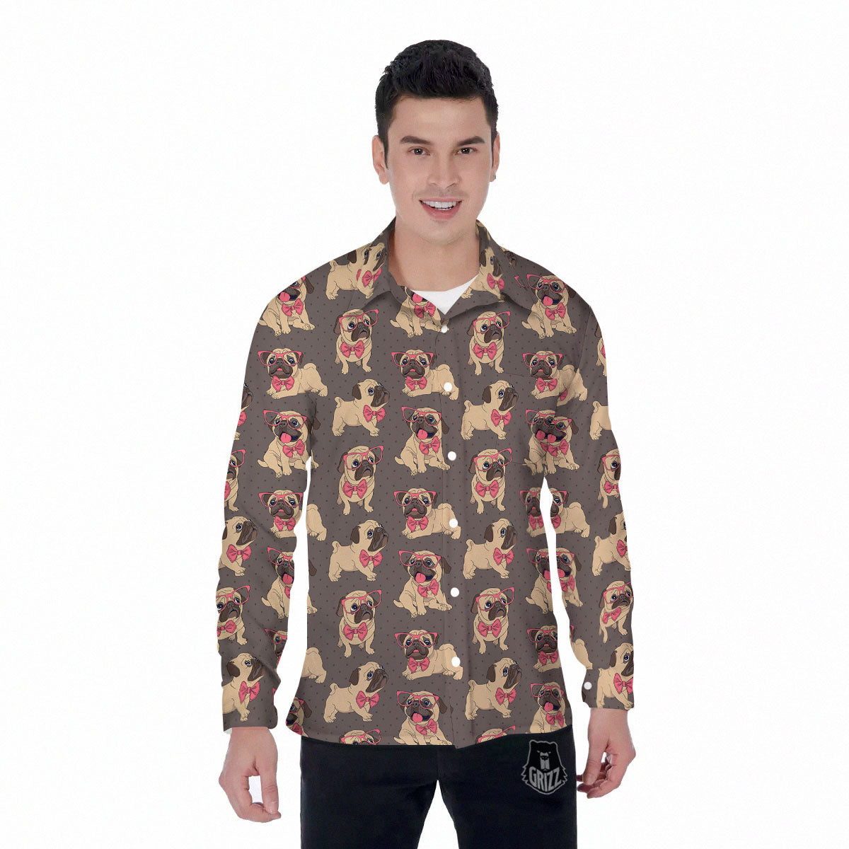 Cute Pug Print Pattern Men's Long Sleeve Shirts-grizzshop