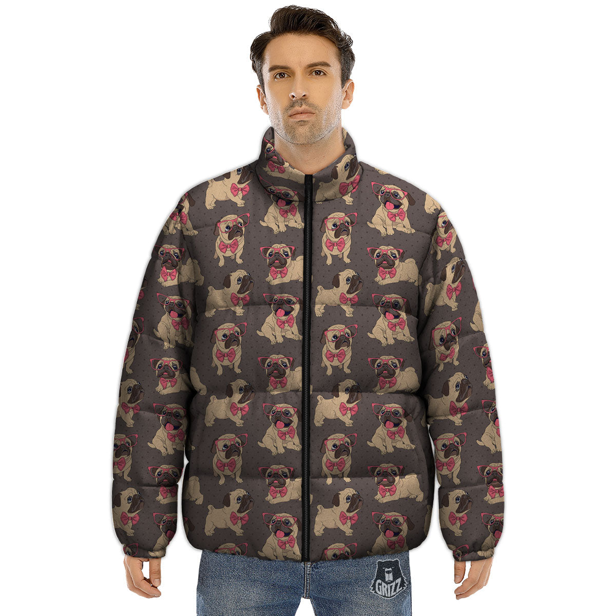 Cute Pug Print Pattern Puffer Jacket-grizzshop