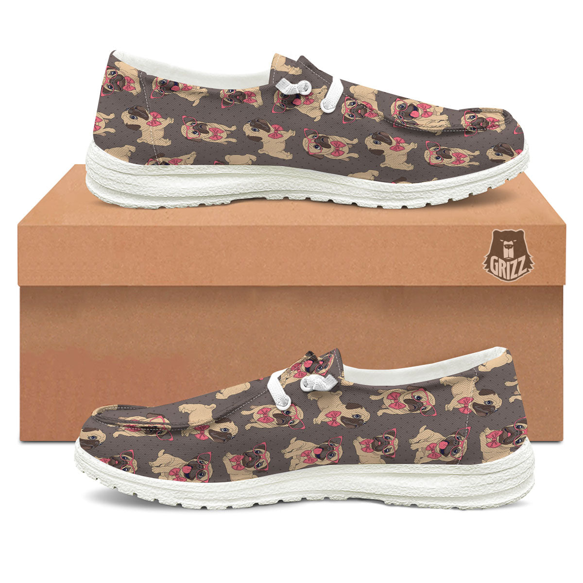 Cute Pug Print Pattern White Loafers-grizzshop
