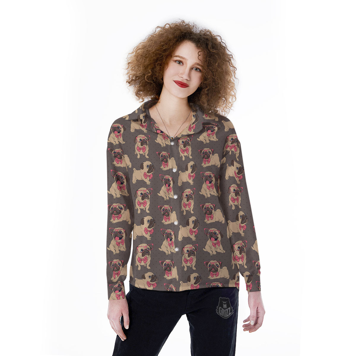 Cute Pug Print Pattern Women's Long Sleeve Shirts-grizzshop