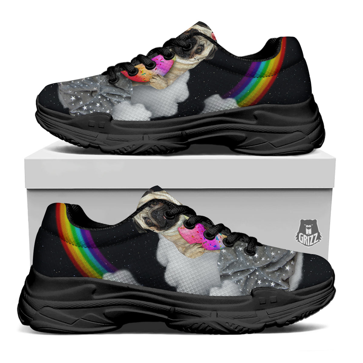 Cute Pug Unicorn Print Black Chunky Shoes-grizzshop