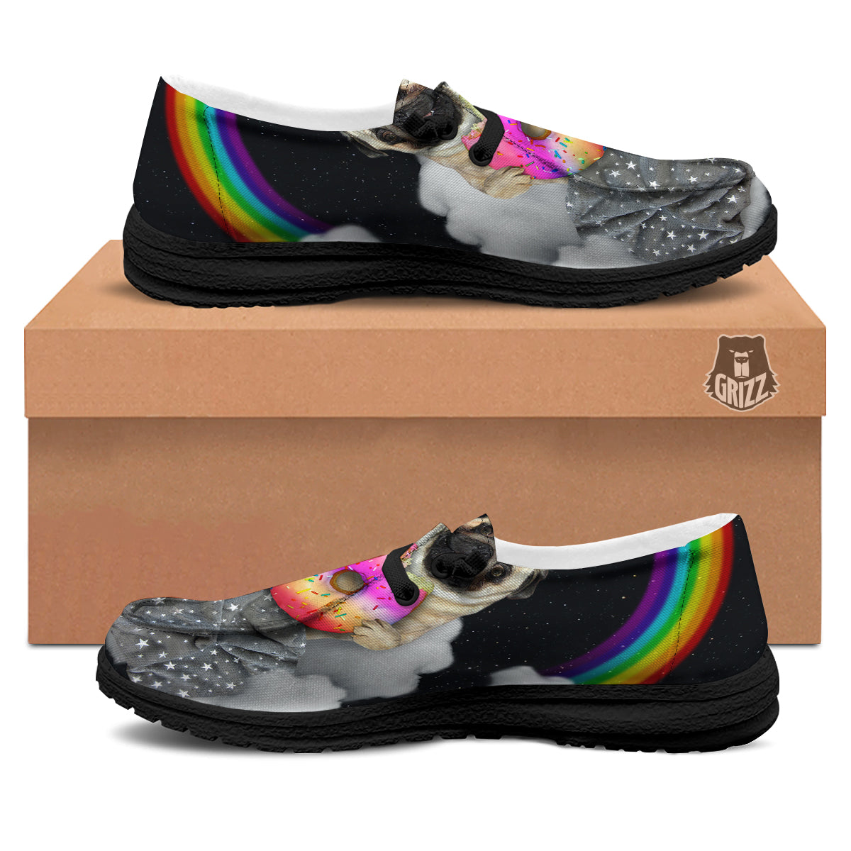 Cute Pug Unicorn Print Black Loafers-grizzshop