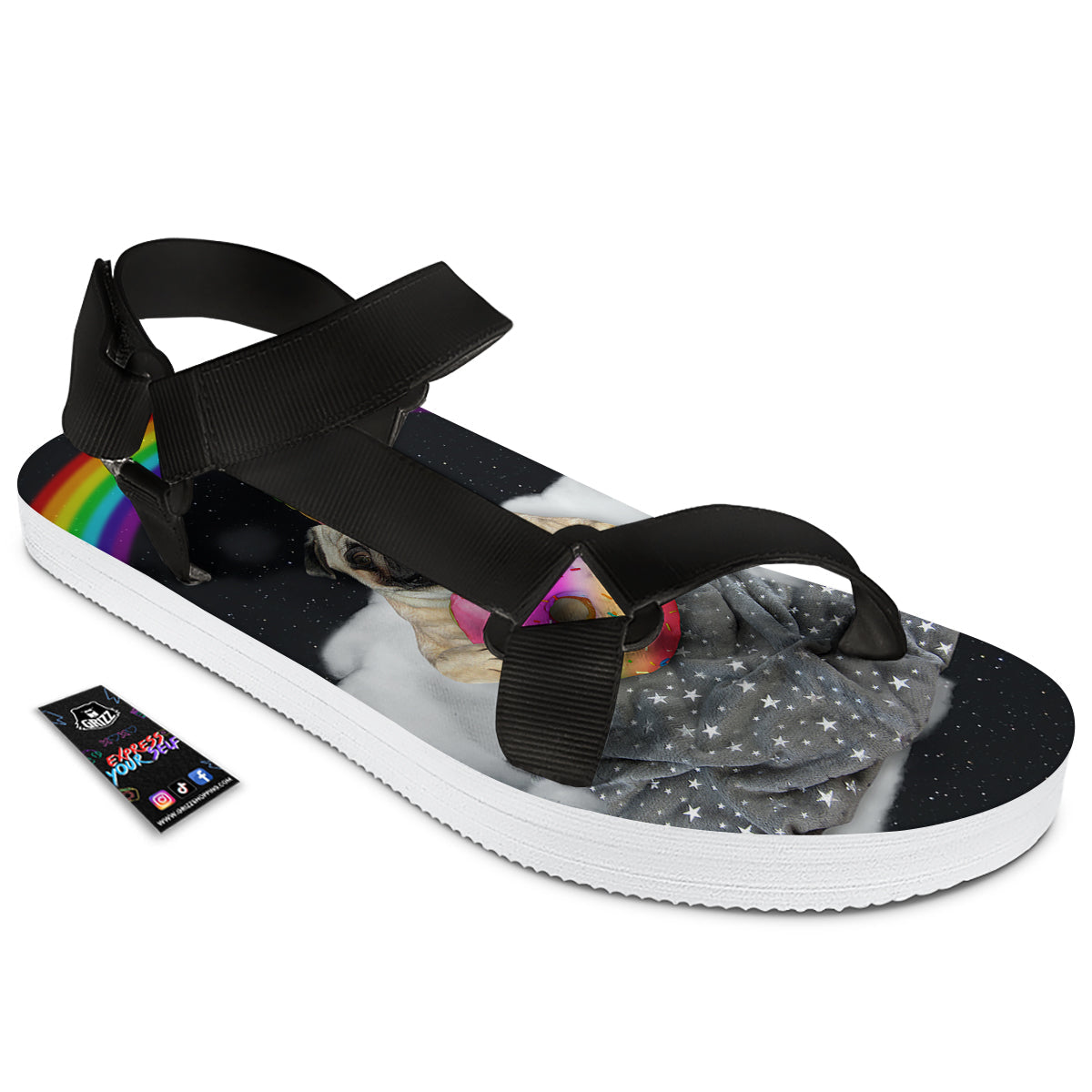 Cute Pug Unicorn Print Black Open Toe Sandals-grizzshop