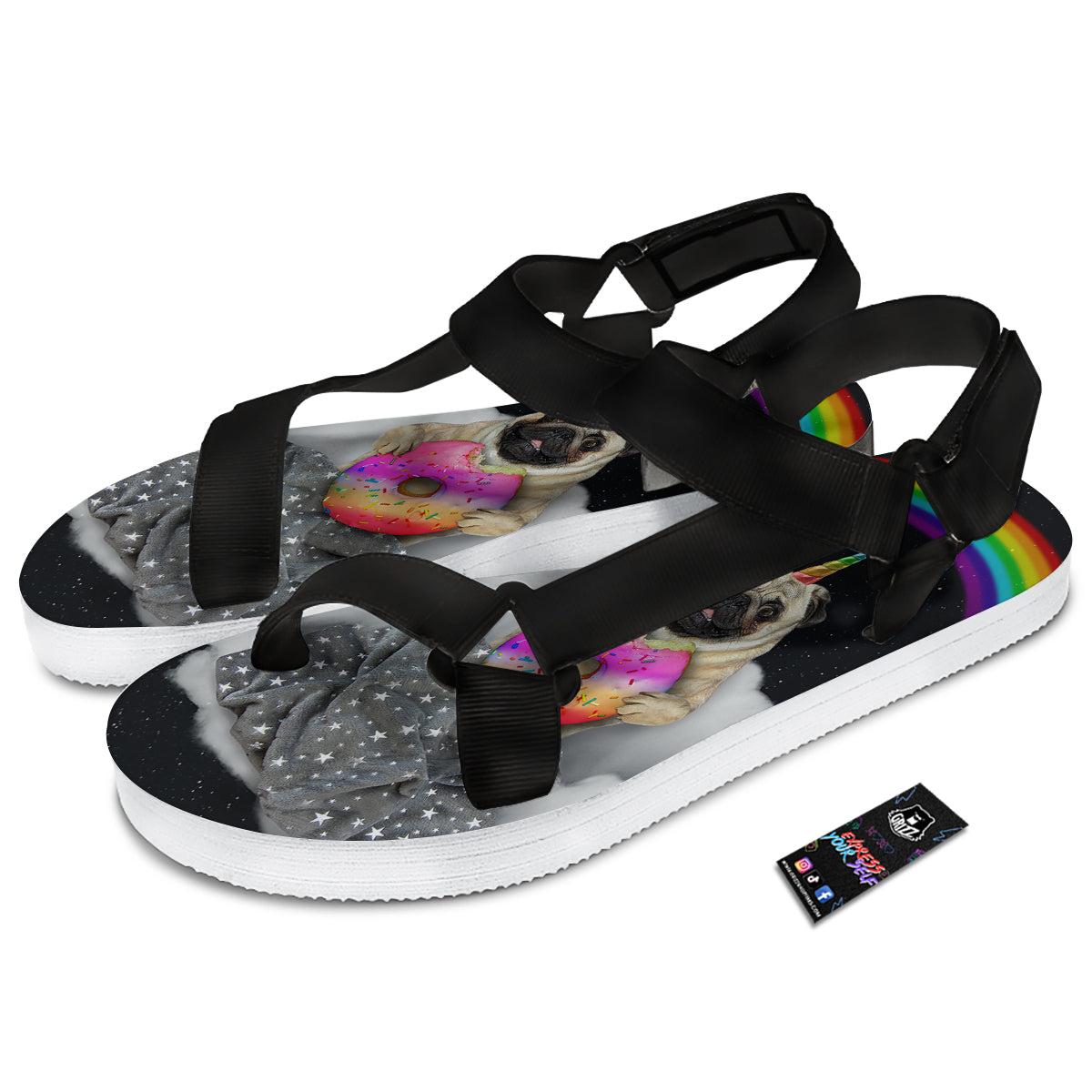 Cute Pug Unicorn Print Black Open Toe Sandals-grizzshop