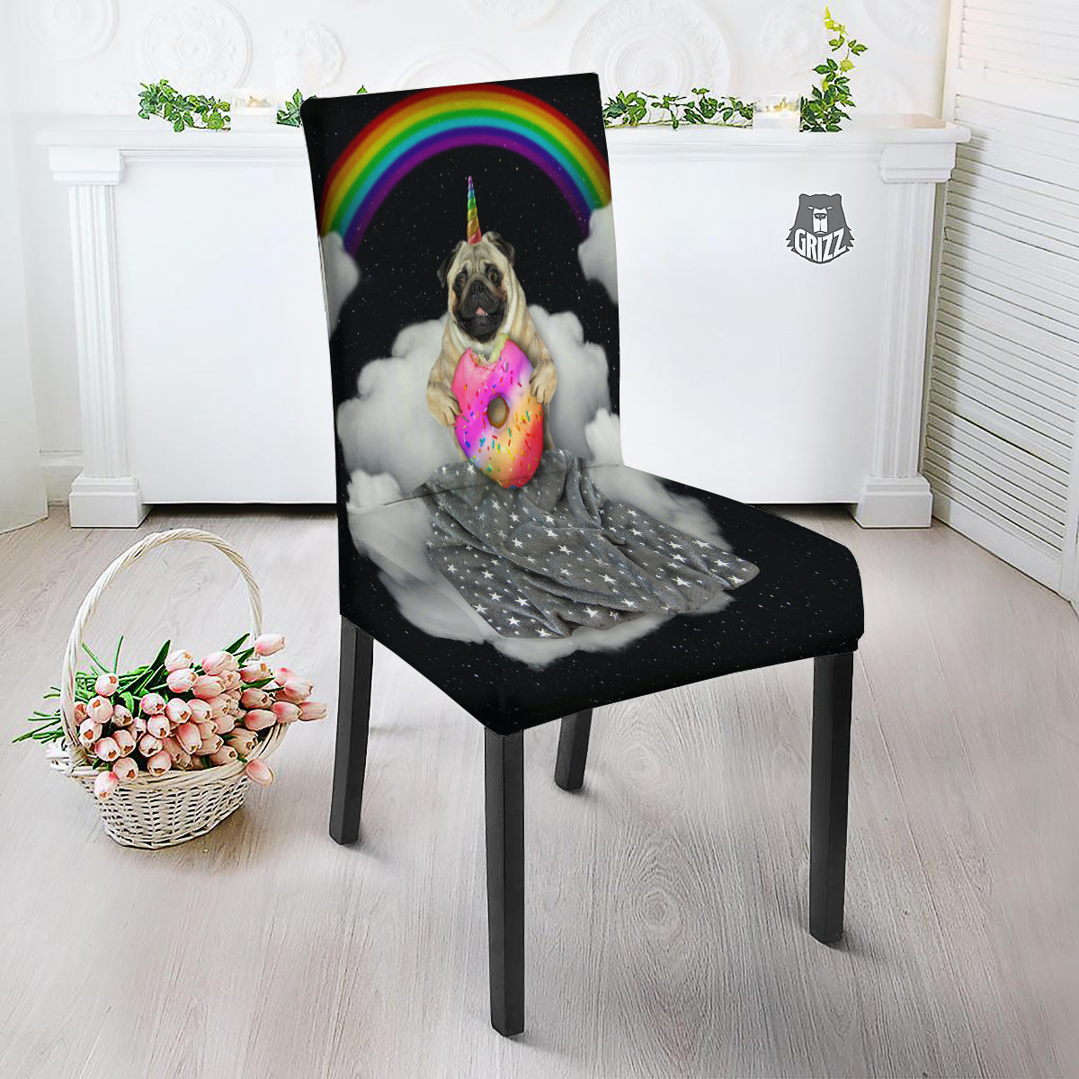 Cute Pug Unicorn Print Dining Chair Slipcover-grizzshop