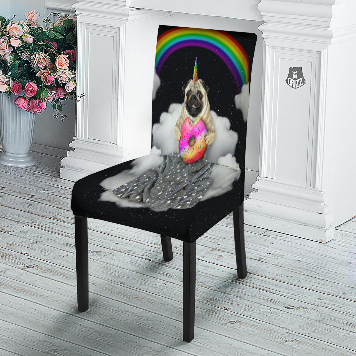 Cute Pug Unicorn Print Dining Chair Slipcover-grizzshop