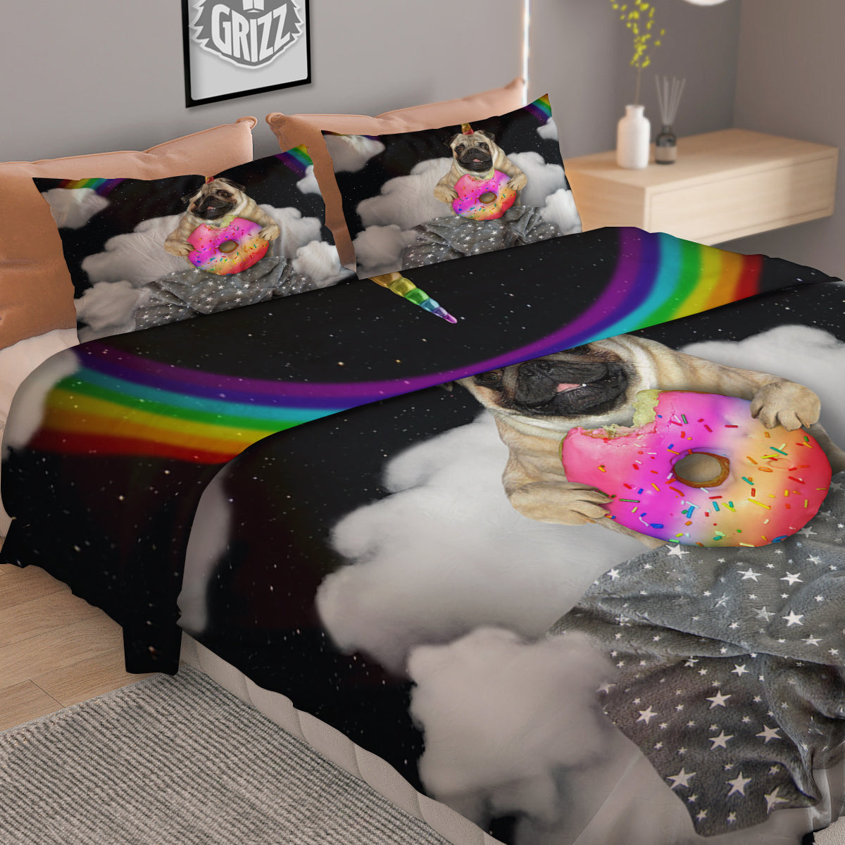 Cute Pug Unicorn Print Duvet Cover Bedding Set