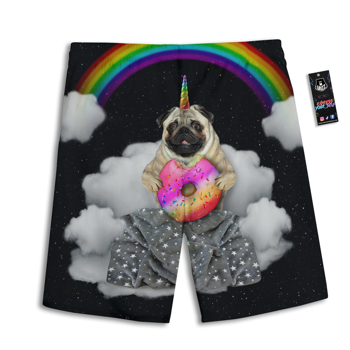 Cute Pug Unicorn Print Men's Athletic Shorts