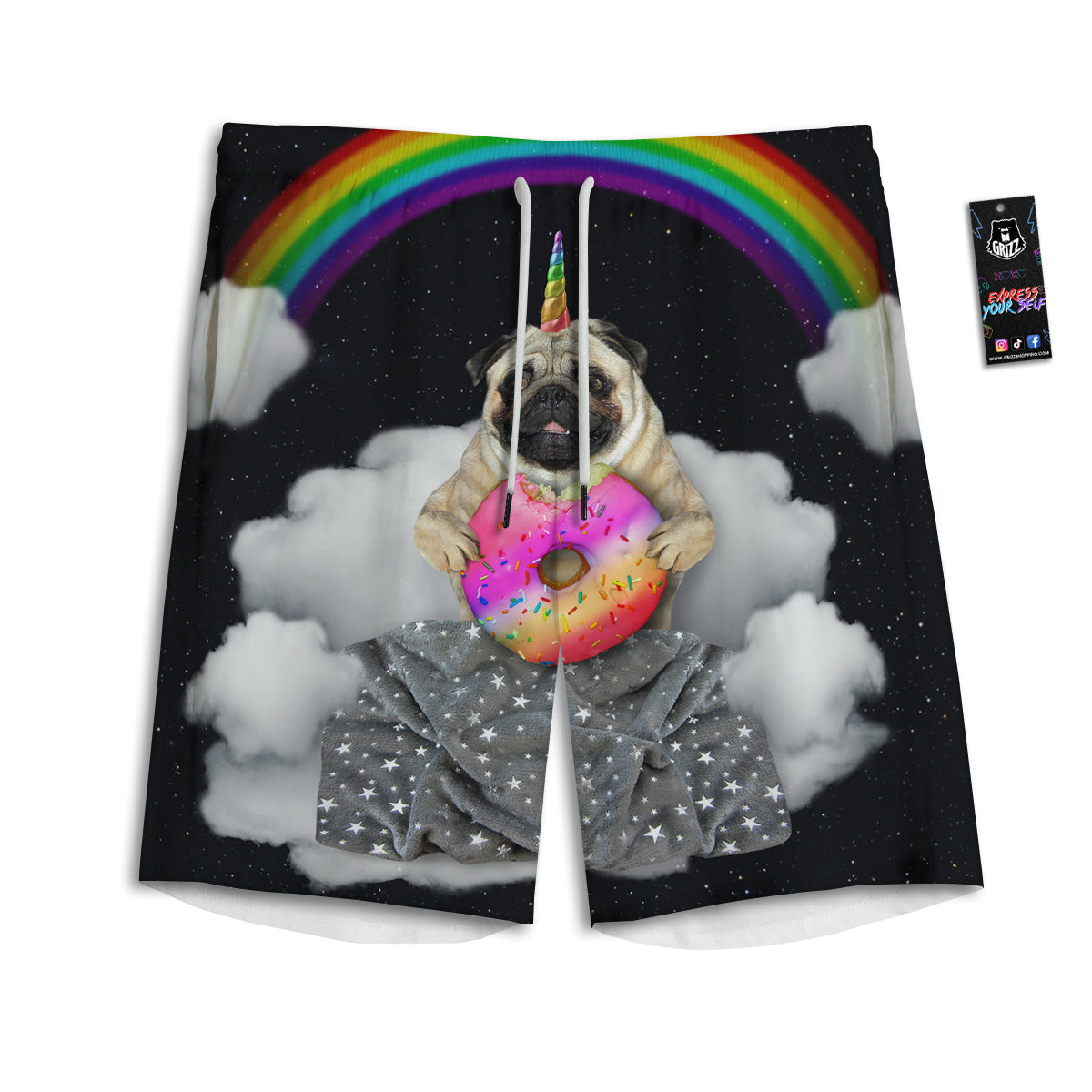 Cute Pug Unicorn Print Men's Athletic Shorts