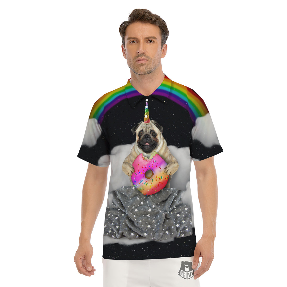 Cute Pug Unicorn Print Men's Golf Shirts-grizzshop