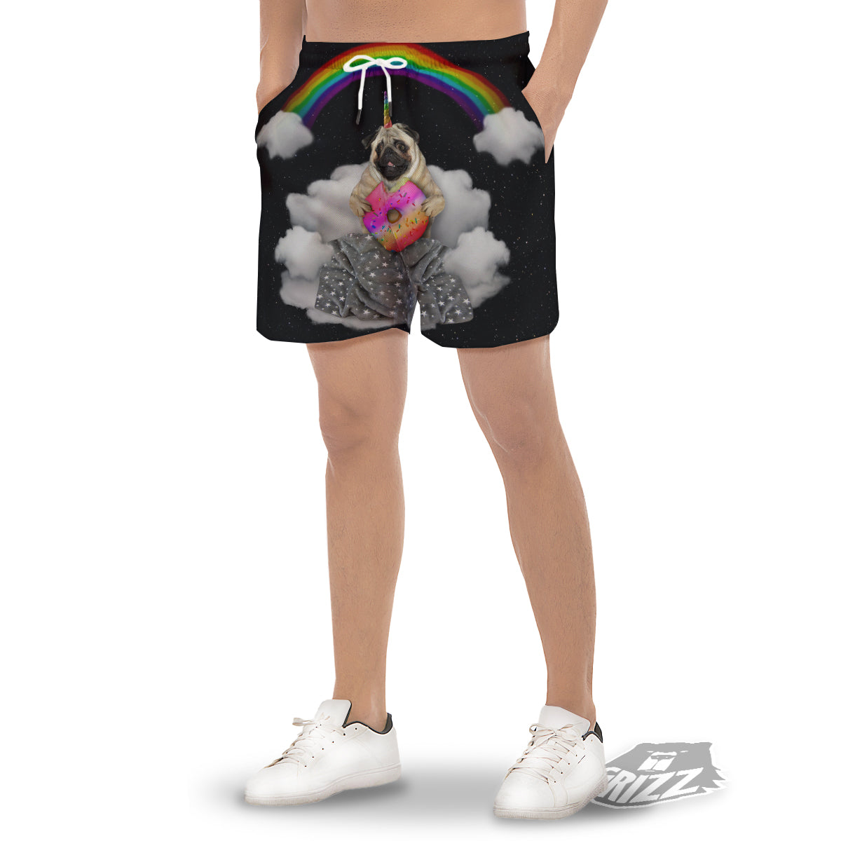 Cute Pug Unicorn Print Men's Gym Shorts-grizzshop