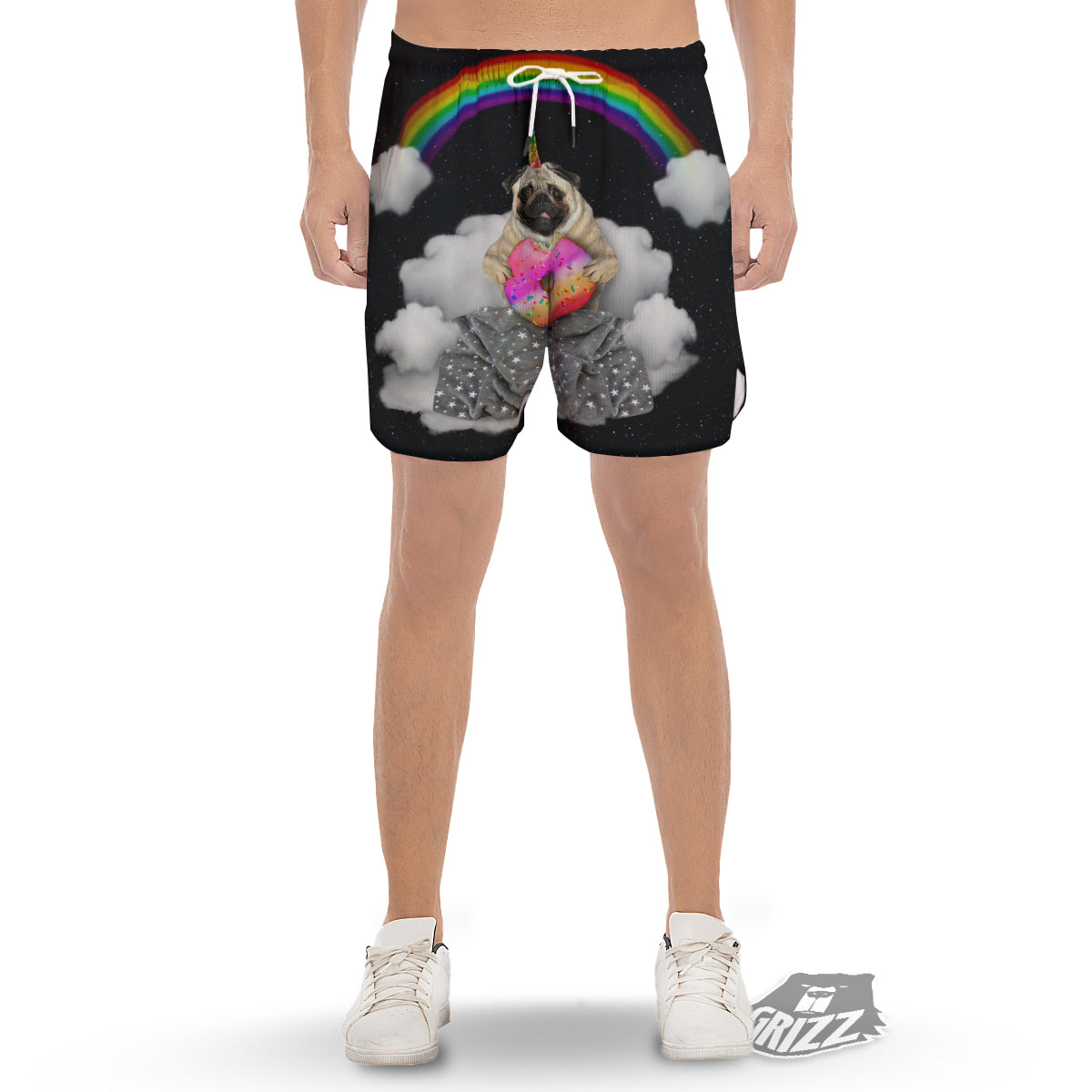 Cute Pug Unicorn Print Men's Gym Shorts-grizzshop
