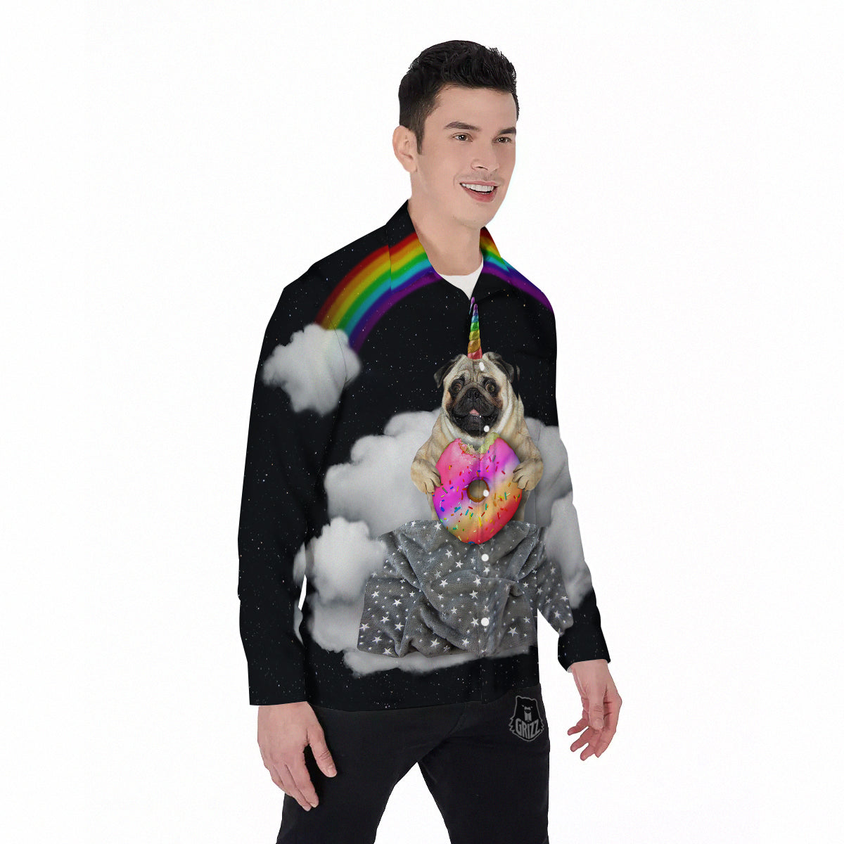 Cute Pug Unicorn Print Men's Long Sleeve Shirts-grizzshop