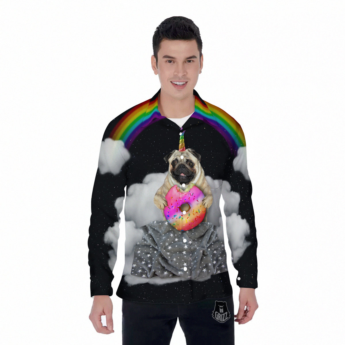 Cute Pug Unicorn Print Men's Long Sleeve Shirts-grizzshop